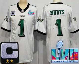 Mens Philadelphia Eagles #1 Jalen Hurts Limited White C Patch Super Bowl LVII Vapor Jersey